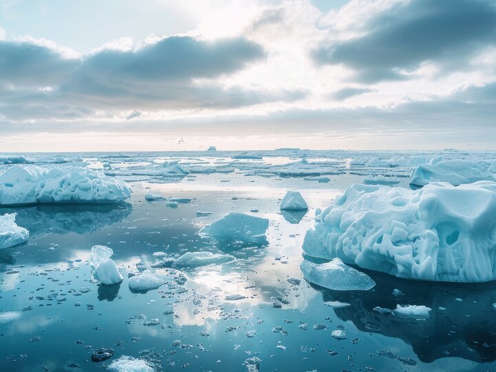 icebergs with a blue sky in the background